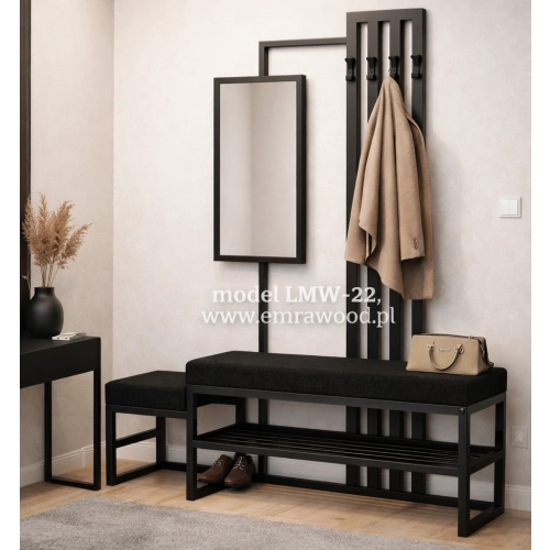 Ławka Do Przedpokoju Z Wieszakiem I Lustrem Metalowa Siedzisko Tapicerowane Czarny Stal LMW-22